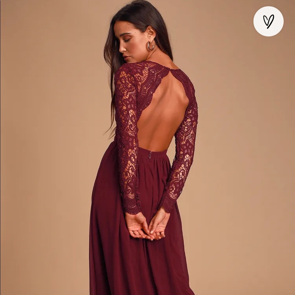 Lulu's Long Sleeve Lace Backless Maxi Dress in Deep Burgundy